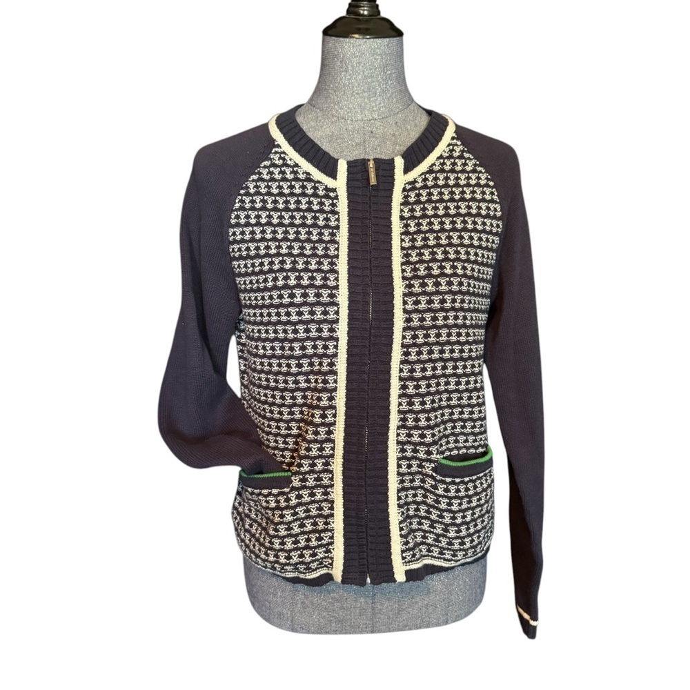 2/$20 Liz Claiborne Navy and White Knit Cardigan size Medium zip up